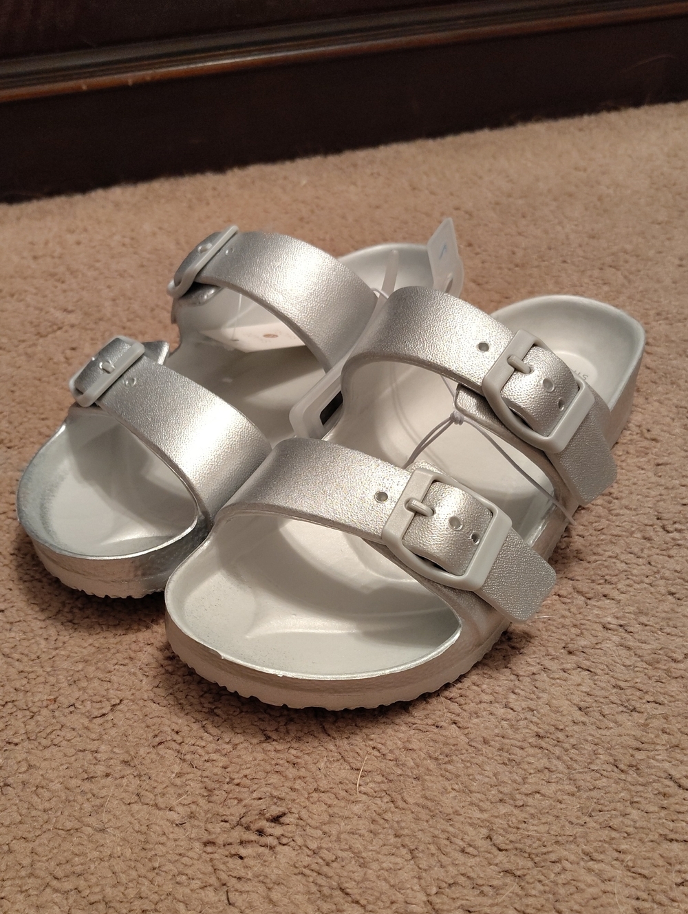 Silver Double-Buckle Slide Sandals